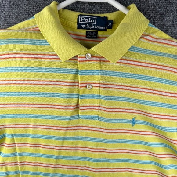 Polo Ralph Lauren Short Sleeve Polo Shirt Yellow Striped Medium Pima Cotton Mesh - Picture 1 of 16